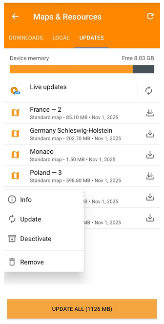 Maps menu Update tab Android