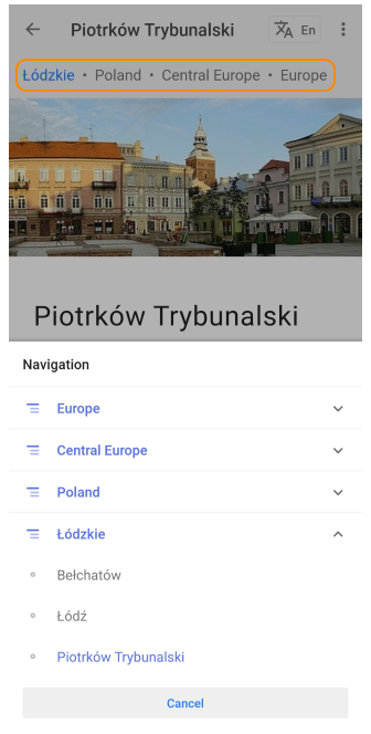 Travel guides contents menu