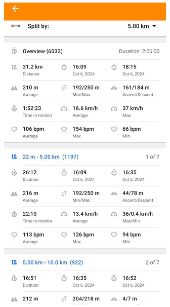 Pestaña de división del track por distancia