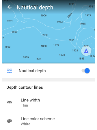 Courbes de niveau de profondeur nautique dans Android