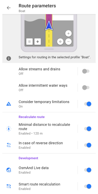 Paramètres de routage bateau Android