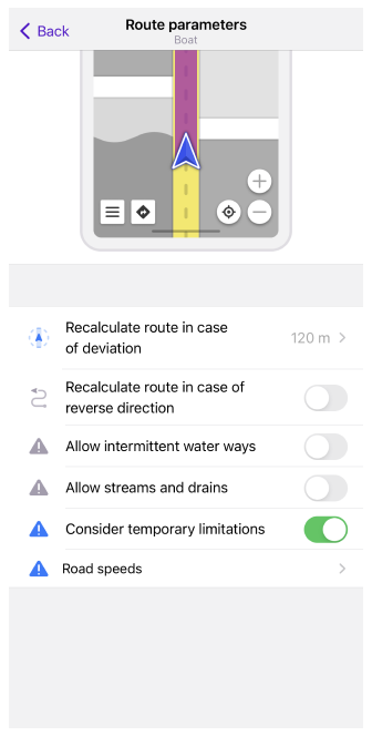 Paramètres de routage bateau iOS