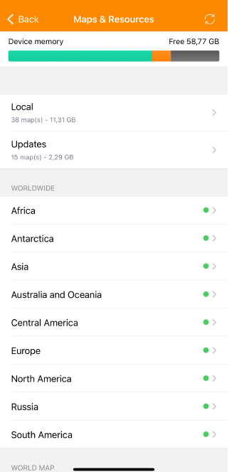 Menu de téléchargement de carte général iOS