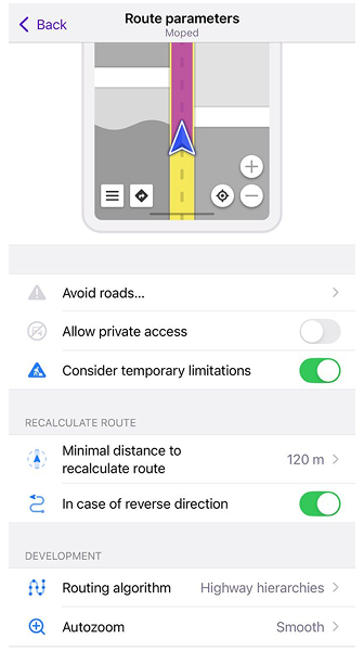 Paramètres de guidage pour mobylette iOS