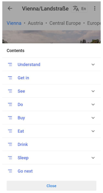 Menu Contenu des guides de voyage