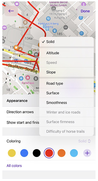 Menu kontekstowe kolorowania iOS