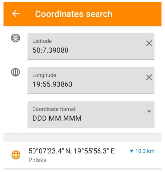 Szukaj współrzędnych Android