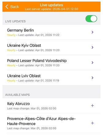 Menu de mapas OsmAnd ao vivo iOS