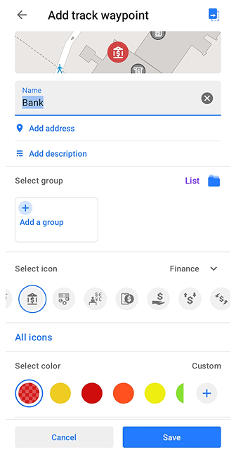Дія Додати шляхова точка треку Android