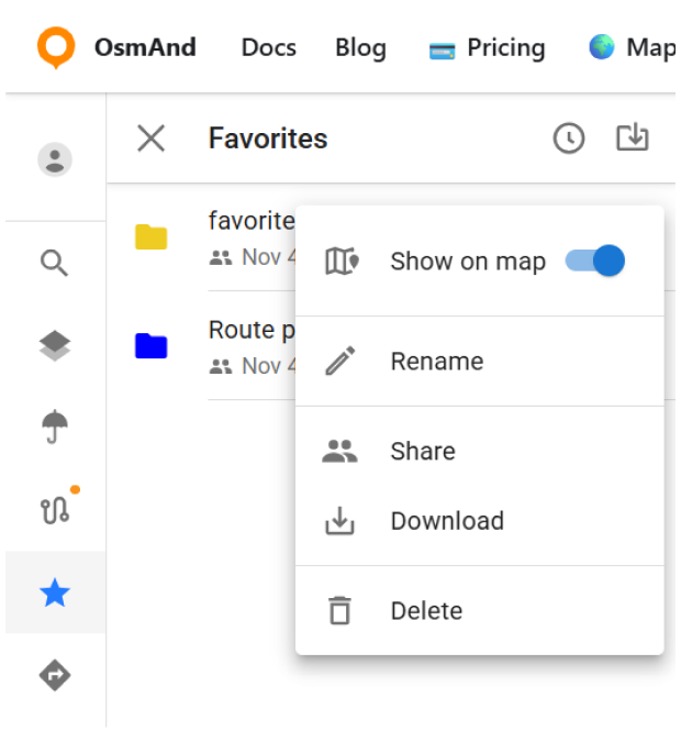 Редагування улюблених місць у хмарі OsmAnd Web