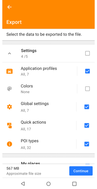 Profile Aktionen Export Android