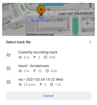 Sélectionner la piste pour ajouter un point de passage Android