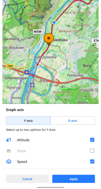 Menu Tracé analyser sur la carte Android