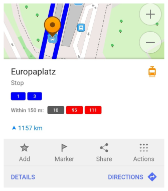 Menu Itinéraires de transport en commun Android