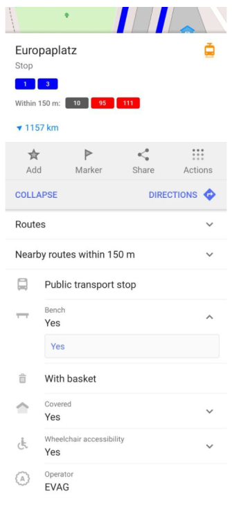 Détails du menu Itinéraires de transport en commun Android