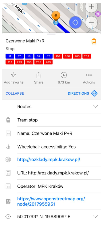 Détails du menu Itinéraires de transport en commun iOS