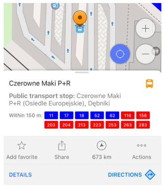 Menu Itinéraires de transport en commun iOS