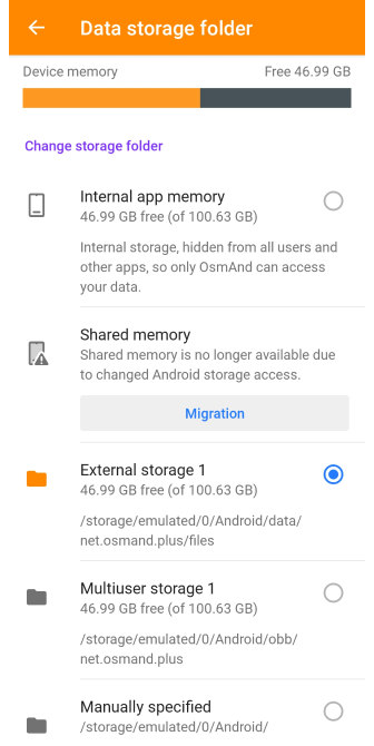 Paramètres de stockage des profils Android