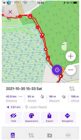 Écran de statistiques de la piste iOS