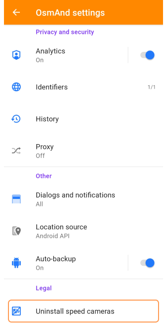 Paramètres généraux Radars Android